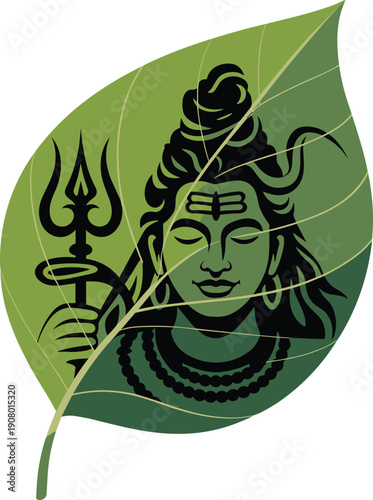 Lord Shiva Face Silhouette Inside Green Leaf 