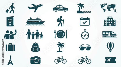 Collection of travel and tourism icons for vacation and global adventures