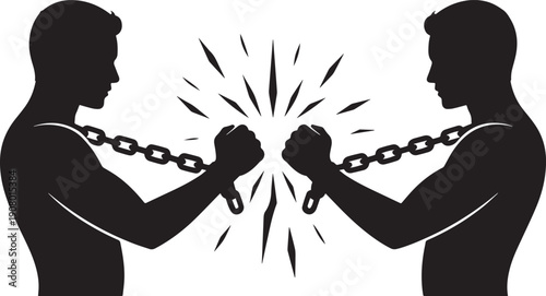 Black silhouette of two men breaking chain between fists