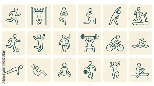 Various sport and fitness activities simple line icons set