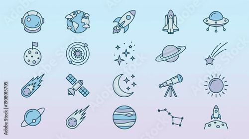 Colorful Space and Astronomy Icons Set on Gradient Background