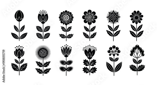 Collection of stylized black and white folk art floral motifs featuring diverse blooms and berry clusters perfect for decorative graphic design projects.