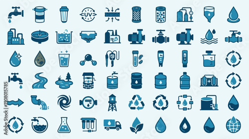 Set of Water Related Icons for Treatment, Supply, and Ecology