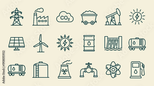 Energy and Power Production Icons: Renewable, Fossil Fuels & Nuclear