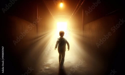 The child runs towards the light at the end of the tunnel.