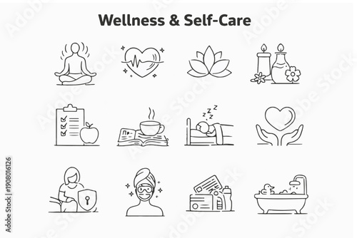 Wellness and Self-Care Icons in a set. Each icon represents a different activity or element related to self-care