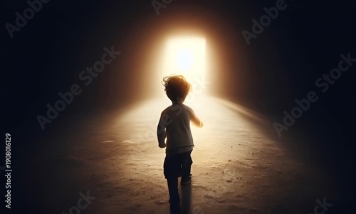 The child runs towards the light at the end of the tunnel.