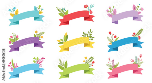 Collection of nine colorful decorative ribbon banners adorned with various whimsical spring flowers and fresh green foliage perfect for celebration invitations or greeting cards