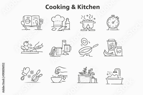 A collection of line art illustrations that represent cooking and kitchen concepts. The art includes depictions of cooking utensils, ingredients, and the process of cooking itself