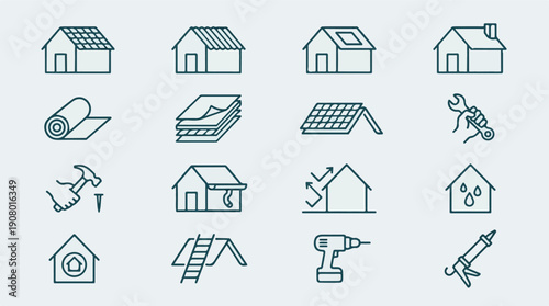 Roofing and Home Repair Line Icons Set: Construction and Maintenance