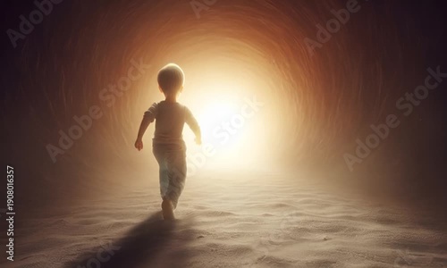The child runs towards the light at the end of the tunnel.