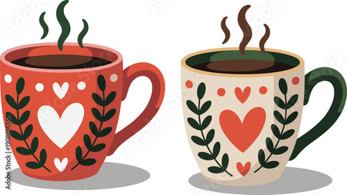 Cute hand drawn coffee cup illustration with heart patterns and steam isolated on white background for cozy romantic design