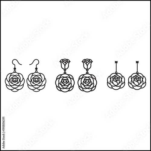 Rose Flower Dangle Earrings Set for Laser Cut and Jewelry Design