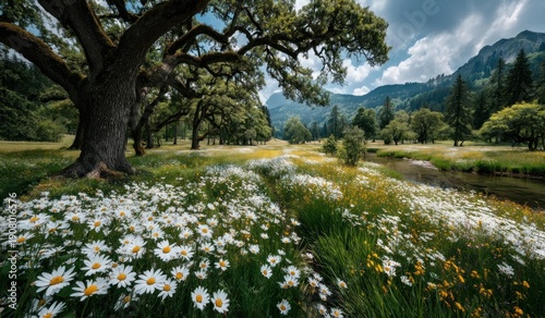 Field of daisies and wildflowers under ancient oak tree beside forest stream on a misty morning Generative AI