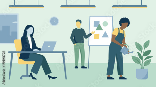 Diverse employees working, presenting, and caring for plants in modern office