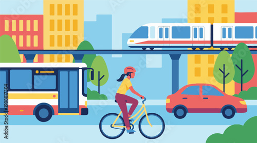 Urban transportation hub with train, bus, car, and cyclist in city