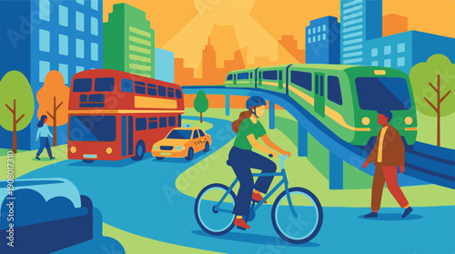 Busy city street with diverse transport, commuters, and urban landscape