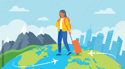Woman traveler on a global adventure with luggage, world trip illustration
