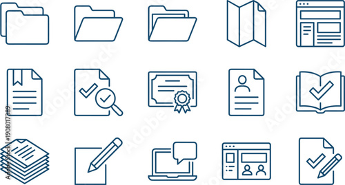 Document line icons, folder symbols, file management, certificate, office paper, web interface, education, and business vector set.