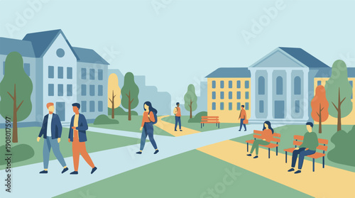 Diverse students walking and relaxing on a modern university campus