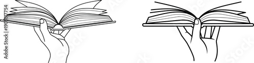 Book illustration of hand holding open pages line art vector design isolated on transparent background