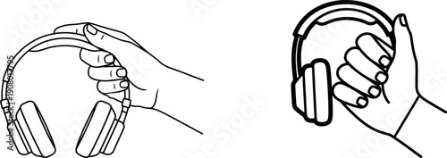 Headphones line art vector illustration of hands holding headsets isolated on transparent background