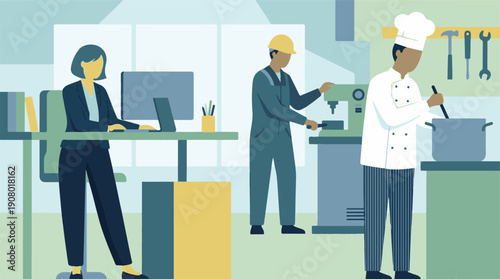 Illustration of Diverse Careers: Office, Factory, and Culinary Professions