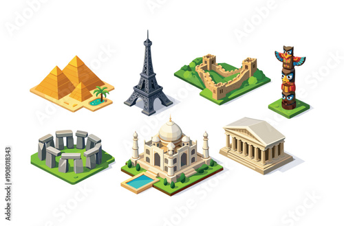 Collection of famous world landmarks in isometric 3D style