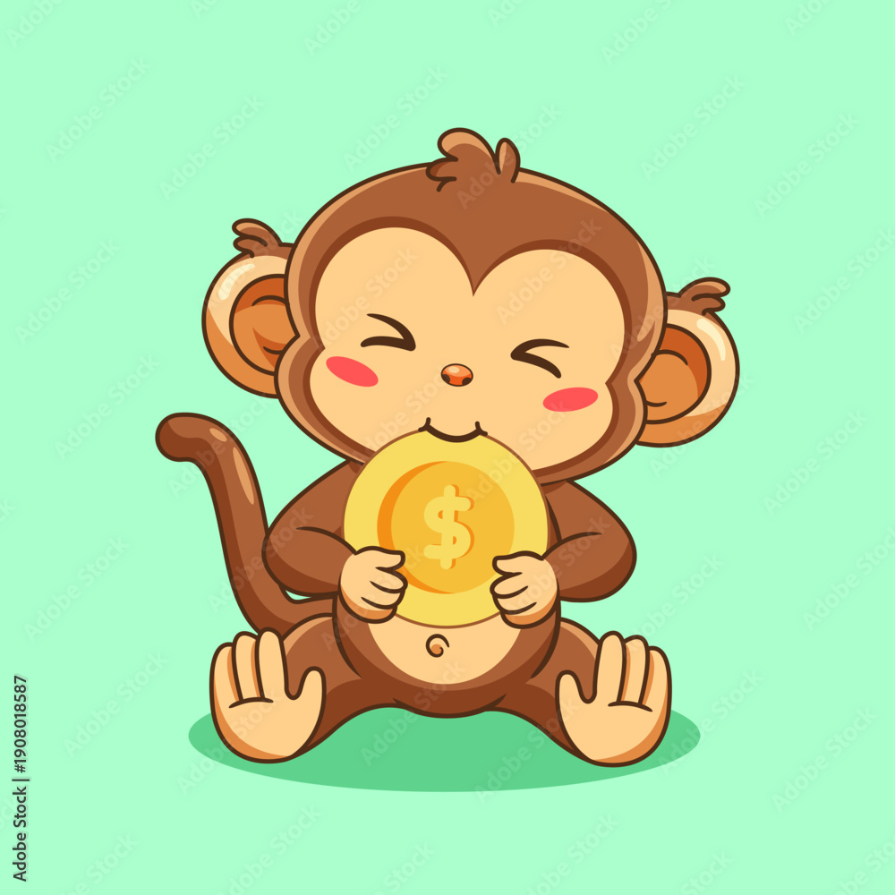 Obraz premium Cute Monkey Bite a Gold Coin Vector Illustration Cartoon Design Kawaii