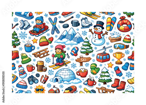 Whimsical Winter Sports and Activities Seamless Pattern with Cute Cartoon Elements