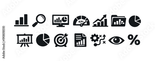 Collection of business analytics and data visualization icons for financial reporting and strategy