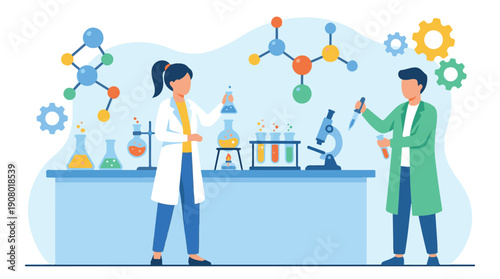Scientists conducting experiments in a laboratory, chemistry concept