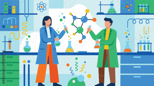 Scientists conducting experiments in a vibrant chemistry laboratory
