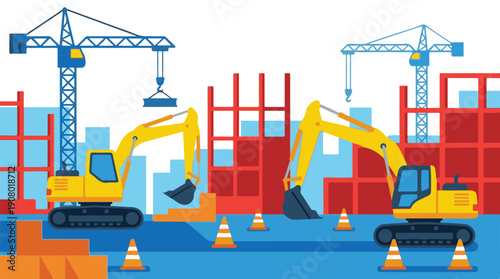 Construction site with cranes and excavators, building new structures