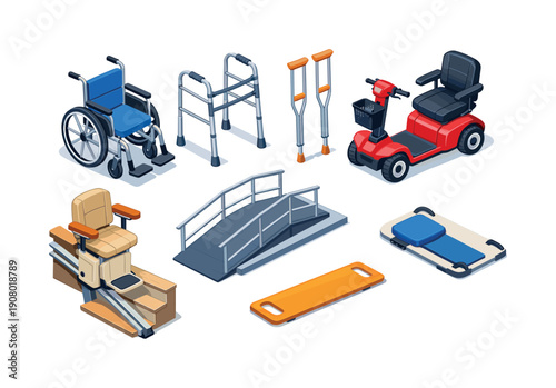 Collection of isometric medical equipment for mobility and accessibility assistance