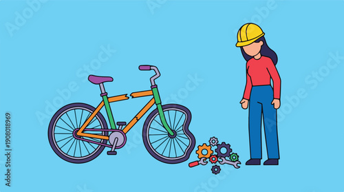 Woman Worker with Broken Bicycle and Repair Tools Illustration