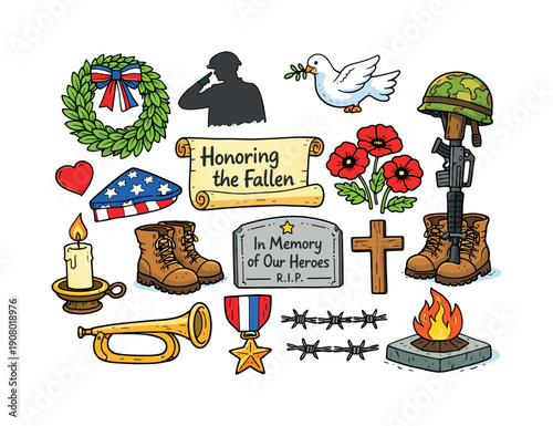 Collection of symbols honoring fallen soldiers and military remembrance day