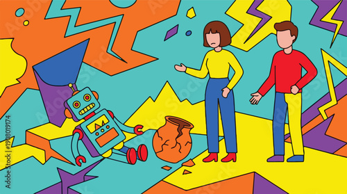 Robot and broken pot with two people in a vibrant abstract illustration
