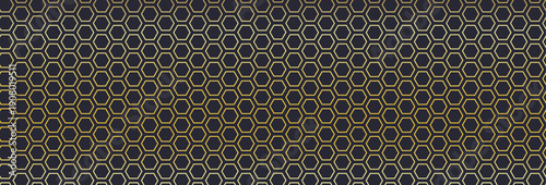 Seamless golden hexagon pattern with honeycomb grid texture. Pattern with hexagon mesh on dark background. Abstract geometric pattern of connected cells for interface design, modern tech design
