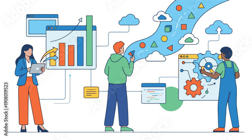Business team analyzing data, managing cloud technology, and optimizing digital workflows
