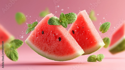 Wallpaper Mural Fresh watermelon slices with mint and water droplets floating on pink background, summer freshness and bright minimalism.
 Torontodigital.ca