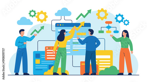 Business team collaborating on digital strategy, data analysis, and growth