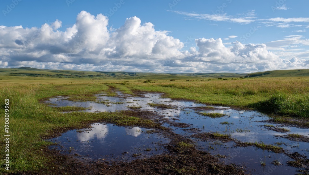 Obraz premium Vast Wetland Landscape - Reflective Puddles Mirroring Dramatic Cloudy Sky.