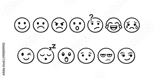 Collection of simple line art emoji faces showing various emotions and expressions