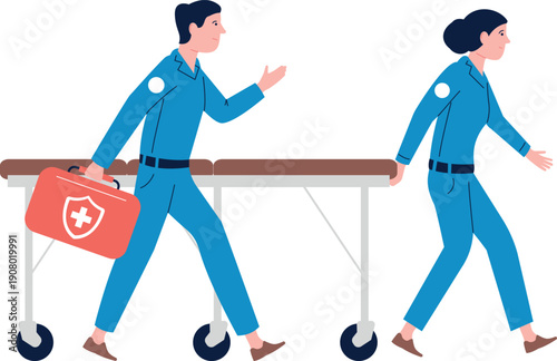Emergency training. Paramedics running with gurney medical illustration