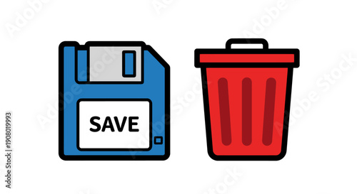 A digital storage disk and a red trash can beside it on a plain surface viewed from directly above