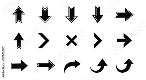 Set of black vector arrow icons in a flat design featuring various shapes and directions like up, down, next, and forward for web navigation and interface pointer elements