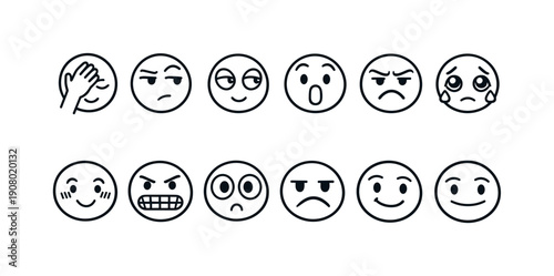 Collection of hand-drawn emoji faces expressing various emotions in a simple line art style