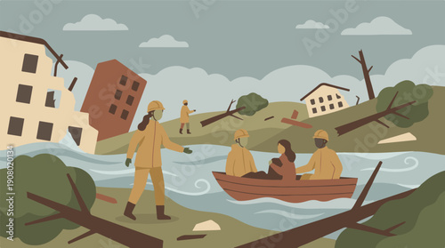 Flood disaster rescue operation with aid workers, boat, collapsed buildings