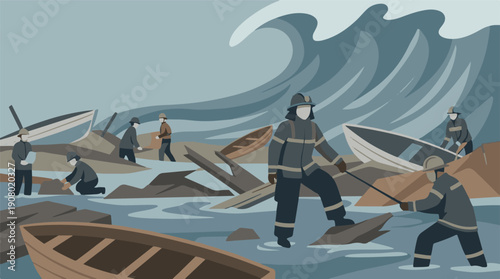 Emergency response team working amidst debris after a tsunami or flood disaster